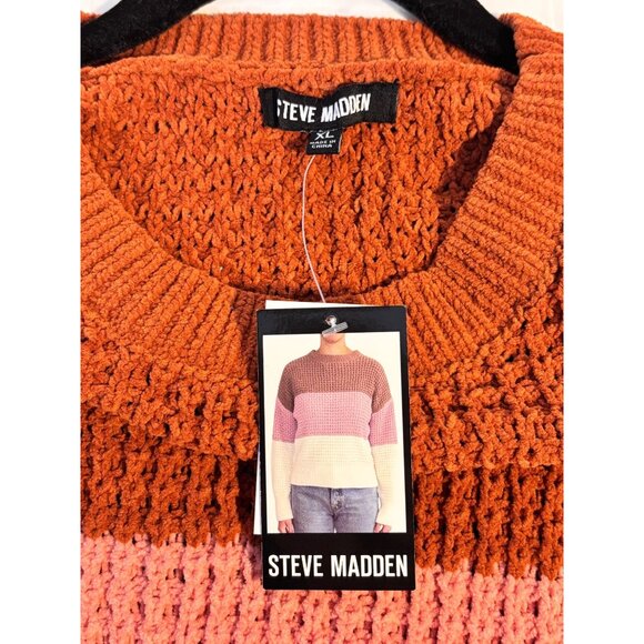Steve Madden Women's Colorblock Chunky Waffle Knit Sweater XL Rust Pink Ivory - Picture 3 of 9